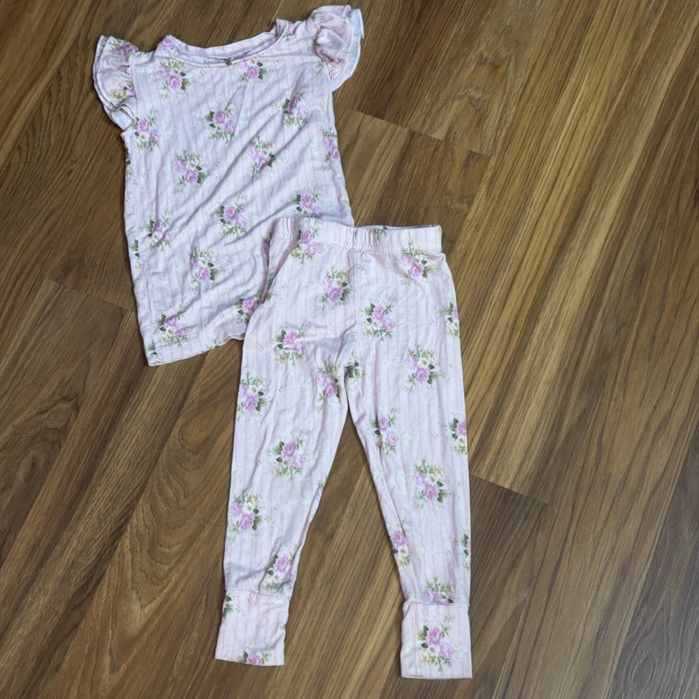 Bums & Roses Toddler Girls 2T Pink Roses 2 Pc Pajamas Set Pants Shirt Bamboo VGC
